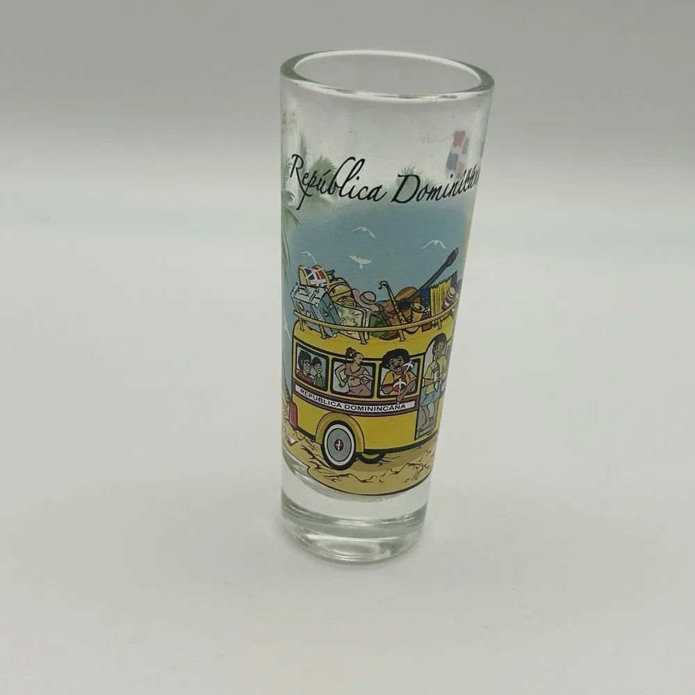 Republica Dominicana Souvenir Tall Shot Glass Hand Painted Bus Scene Dominican